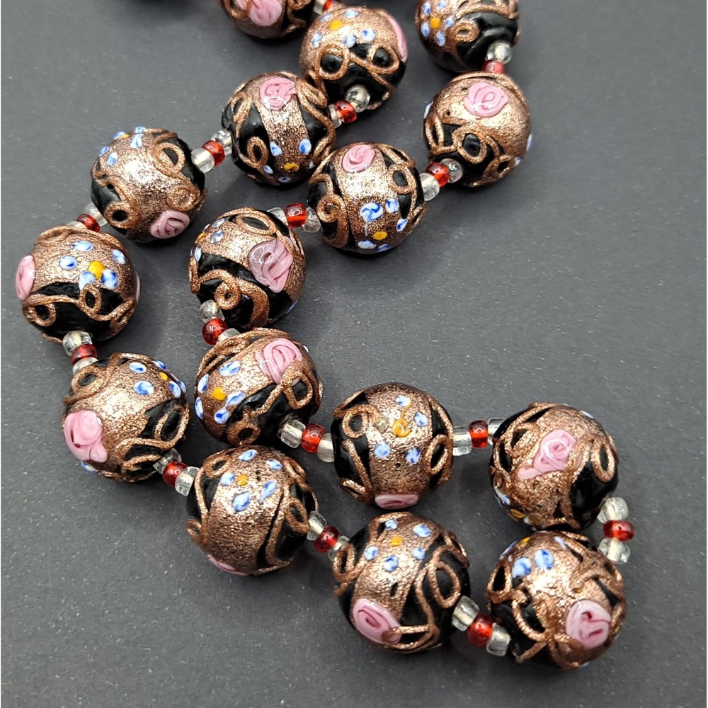 Vintage Wedding Cake Bead Necklace Millefiori Glass Goldtone Black Pink 15" READ